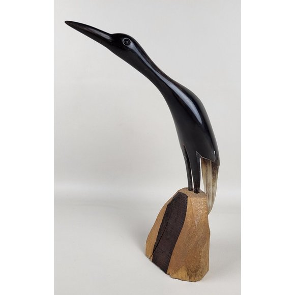 Crane Bird Hand Carved Horn Sculpture on Wood Base MCM Artist Marked - Picture 2 of 12